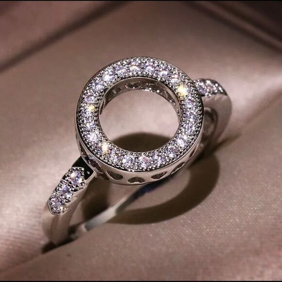 Silver Love Hearts White Sapphire Circle Ring - Picture 1 of 4